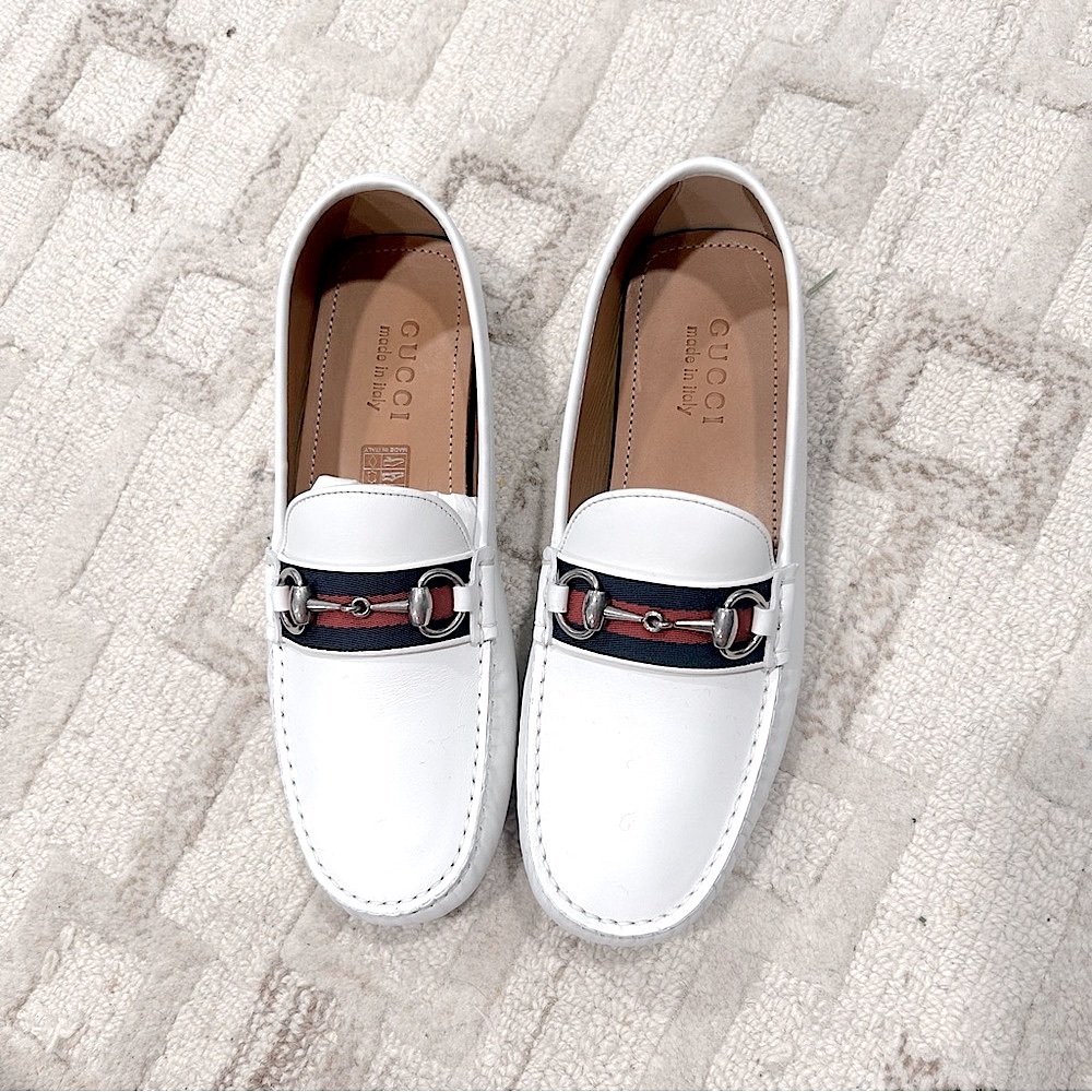 NIB Authentic Gucci Unisex Leather Moccasin Driver Loafers w/ Web details